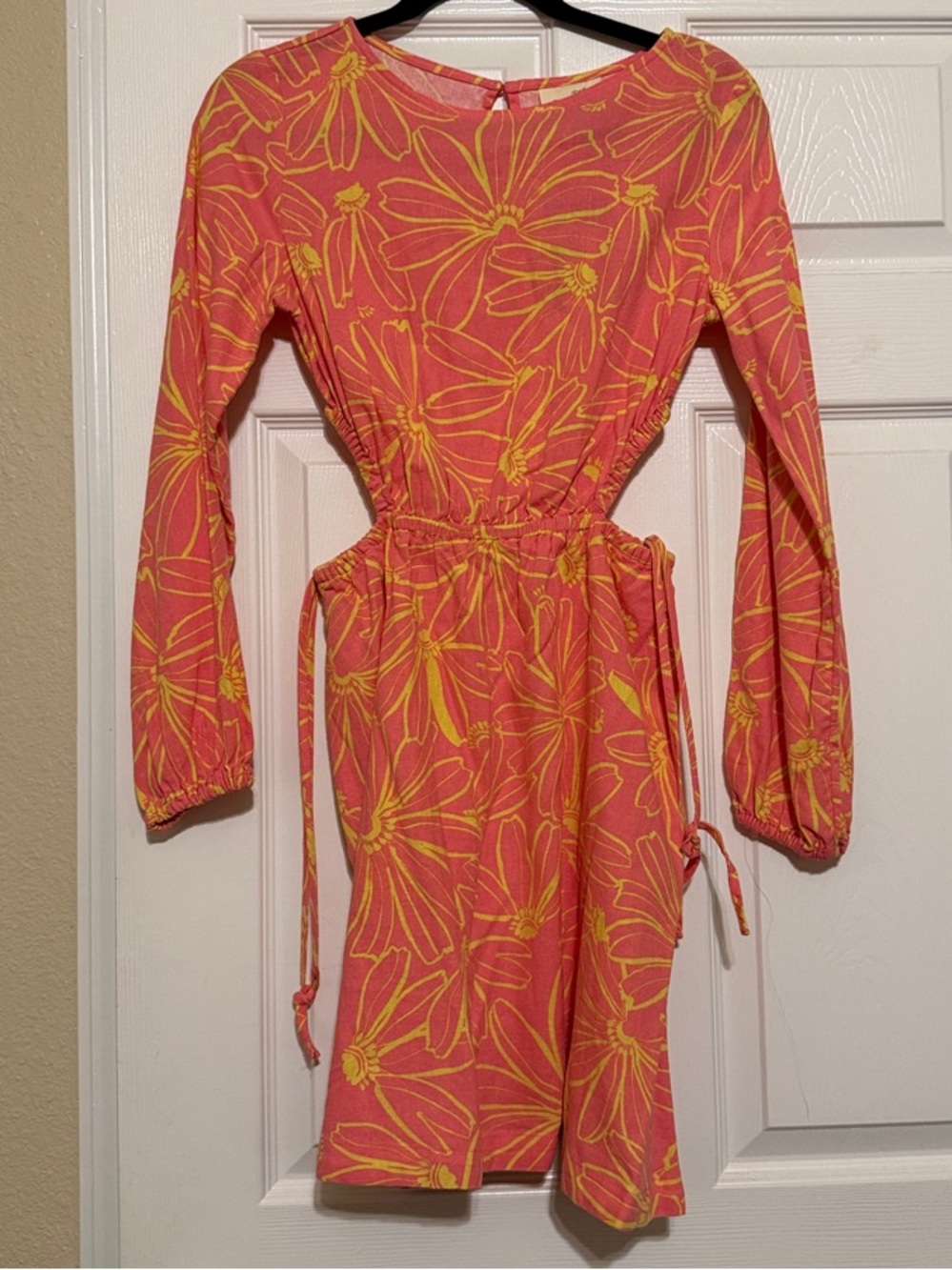 Universal Thread Coral Pink and Yellow Floral Tie-Waist Dress
